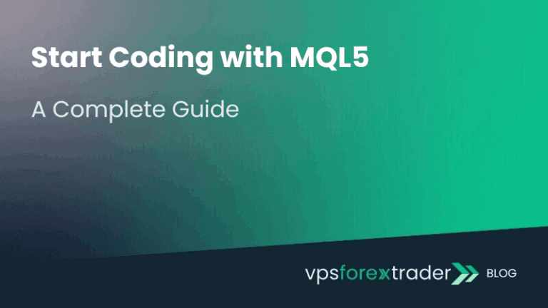 Imagen que muestra el titular 'Comience a programar con MQL5' y el subtítulo 'Una guía completa' sobre un fondo degradado verde azulado, incluido el logotipo del blog vpsforextrader.