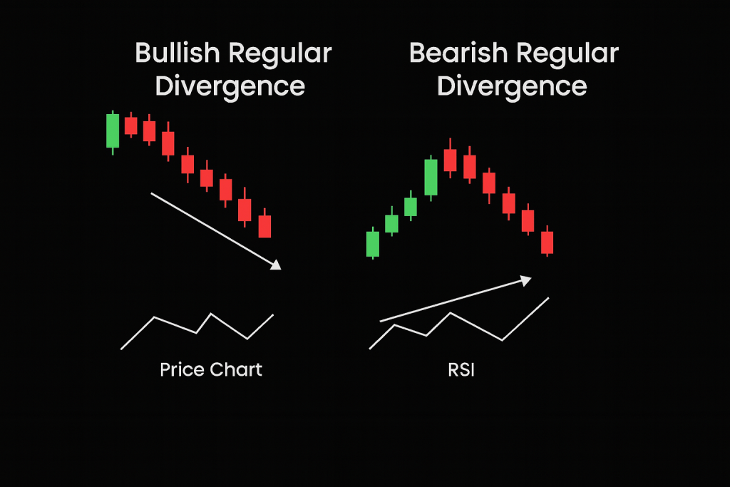 A side-by-side digital financial chart on a black background illustrating two scenarios: "Bullish Regular Divergence" on the left and "Bearish Regular Divergence" on the right, each showing price and RSI lines diverging to signal potential market reversals.