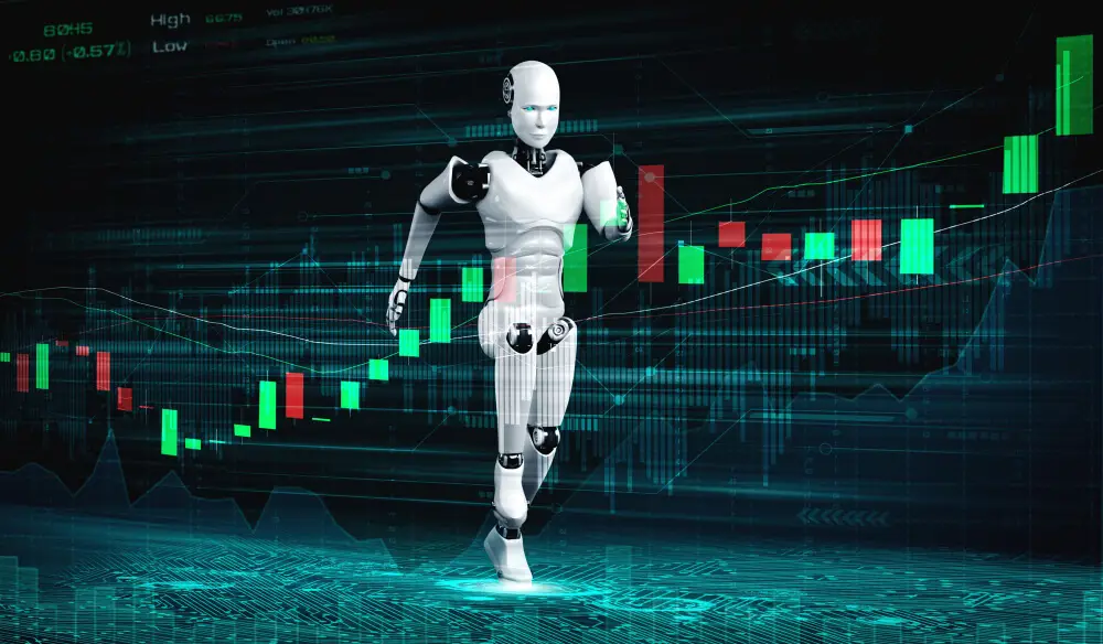 A humanoid robot running forward in a digital environment, overlaid with financial trading candlestick charts and data visualizations.