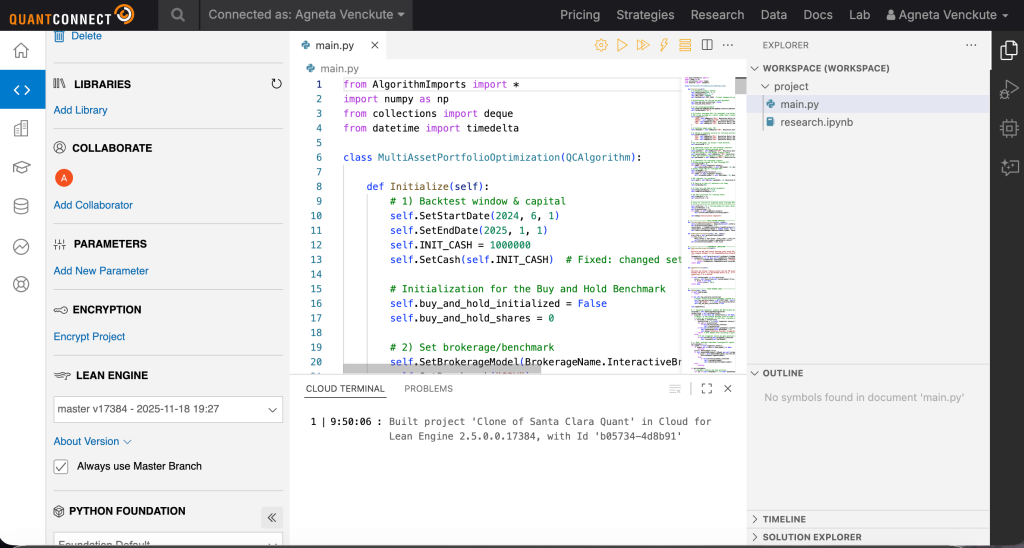 A screenshot of the QuantConnect web IDE. The interface shows a Python algorithm file (main.py) open in the editor, containing initialization code for a QCAlgorithm subclass with settings for backtesting dates, initial cash, and brokerage model. On the left sidebar are options for Libraries, Collaborate, Parameters, Encryption, Lean Engine version, and Python Foundation settings. The right sidebar displays the workspace explorer with main.py and research.ipynb files. At the bottom, the cloud terminal shows a message indicating that the project has been built successfully in the Lean Engine with an ID.