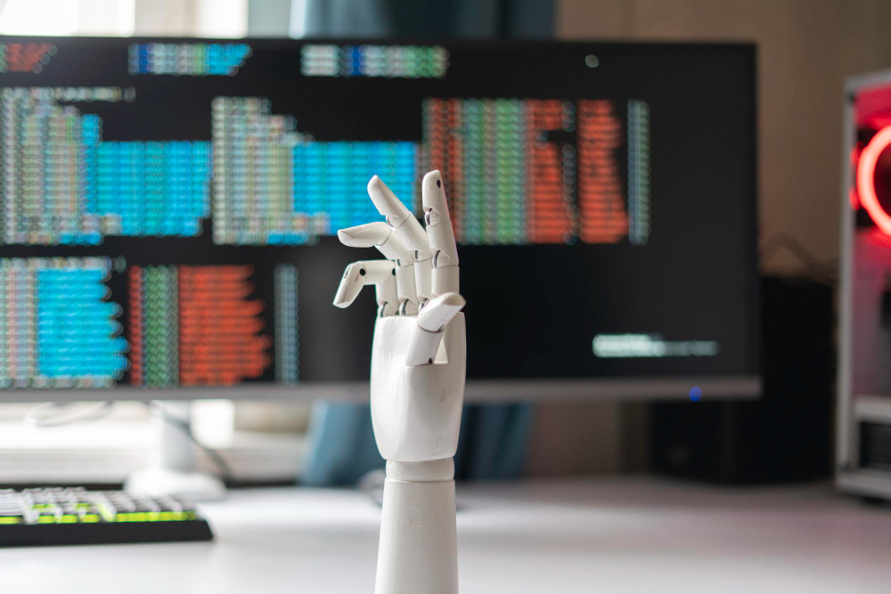Robotic hand in front of trading charts representing automated forex trading bots.